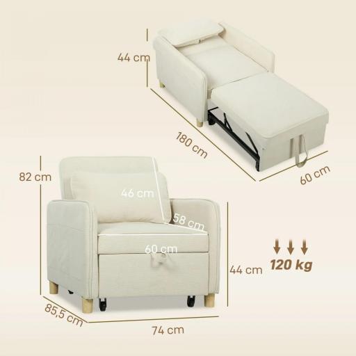 Sillón Cama Individual 3 en 1 Sofá Cama Plegable con Respaldo Ajustable y Cojín para Salón 74x85,5x82 cm Beige [1]