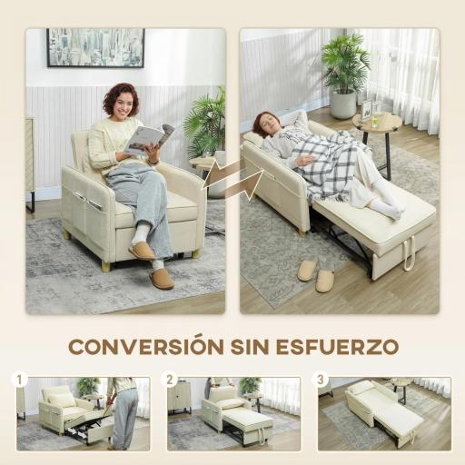 Sillón Cama Individual 3 en 1 Sofá Cama Plegable con Respaldo Ajustable y Cojín para Salón 74x85,5x82 cm Beige [2]
