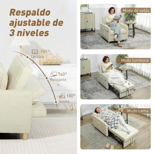 Sillón Cama Individual 3 en 1 Sofá Cama Plegable con Respaldo Ajustable y Cojín para Salón 74x85,5x82 cm Beige [3]