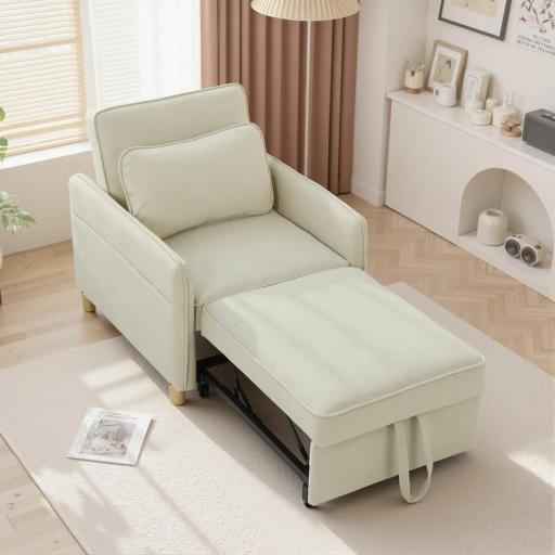 Sillón Cama Individual 3 en 1 Sofá Cama Plegable con Respaldo Ajustable y Cojín para Salón 74x85,5x82 cm Beige [7]