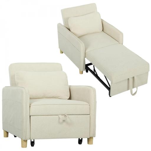 Sillón Cama Individual 3 en 1 Sofá Cama Plegable con Respaldo Ajustable y Cojín para Salón 74x85,5x82 cm Beige [8]