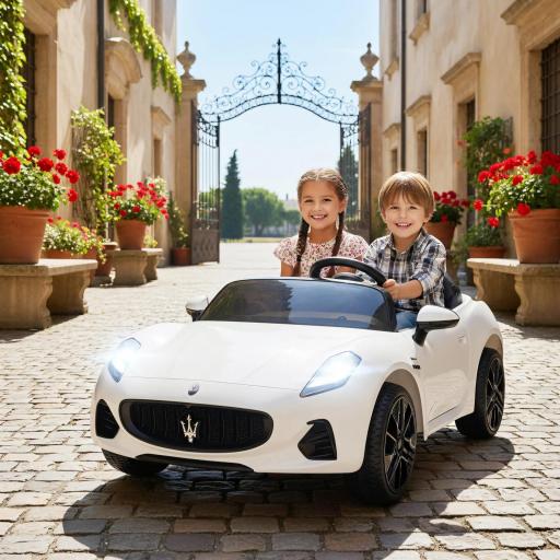 Coche Eléctrico Infantil Maserati 12V, 2 Plazas, Mando Parental, Luces LED y MP3, Blanco