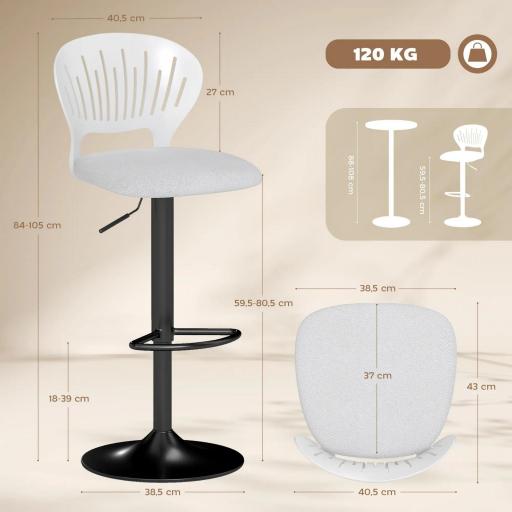 Juego de 2 Taburetes de Bar Giratorios en 360° Regulables en Altura de 84-105 cm Respaldo Hueco Reposapiés Blanco [1]