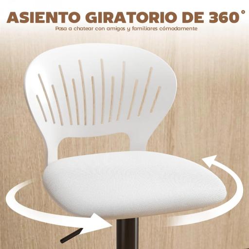Juego de 2 Taburetes de Bar Giratorios en 360° Regulables en Altura de 84-105 cm Respaldo Hueco Reposapiés Blanco [4]
