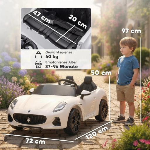 Coche Eléctrico Infantil Maserati 12V, 2 Plazas, Mando Parental, Luces LED y MP3, Blanco [2]
