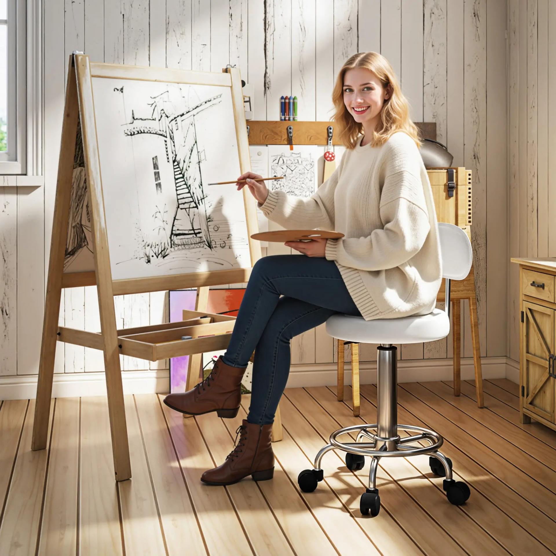 Taburete Giratorio con Respaldo y Ruedas Silla Ajustable para Salón de Belleza Estudio de Tatuajes 32x40x70-86cm Blanco