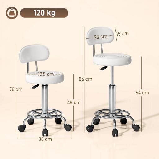 Taburete Giratorio con Respaldo y Ruedas Silla Ajustable para Salón de Belleza Estudio de Tatuajes 32x40x70-86cm Blanco [1]