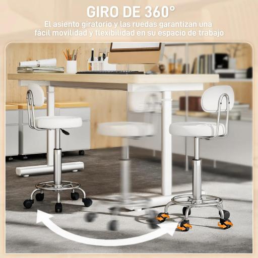 Taburete Giratorio con Respaldo y Ruedas Silla Ajustable para Salón de Belleza Estudio de Tatuajes 32x40x70-86cm Blanco [5]