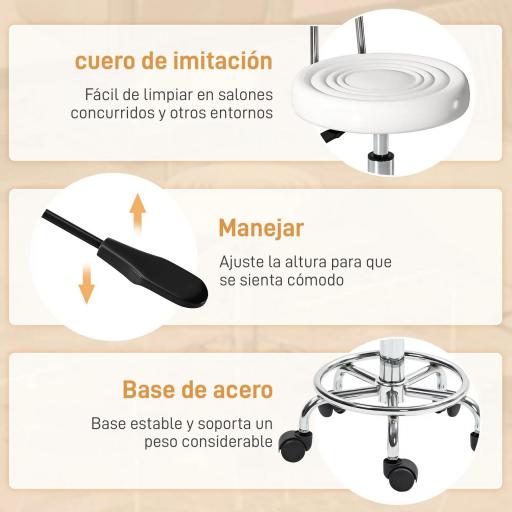 Taburete Giratorio con Respaldo y Ruedas Silla Ajustable para Salón de Belleza Estudio de Tatuajes 32x40x70-86cm Blanco [4]