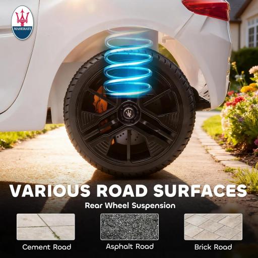 Coche Eléctrico Infantil Maserati 12V, 2 Plazas, Mando Parental, Luces LED y MP3, Blanco [3]