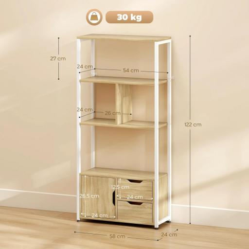 Librería Estantería para Libros con Estantes Cajones y Puerta 58x24x122 cm Estilo Industrial Blanco y Madera Natural [1]