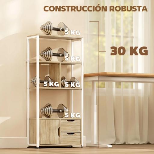 Librería Estantería para Libros con Estantes Cajones y Puerta 58x24x122 cm Estilo Industrial Blanco y Madera Natural [2]