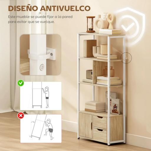 Librería Estantería para Libros con Estantes Cajones y Puerta 58x24x122 cm Estilo Industrial Blanco y Madera Natural [3]