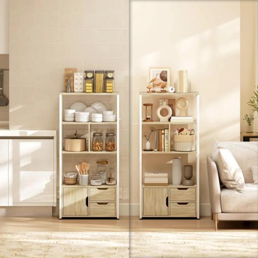 Librería Estantería para Libros con Estantes Cajones y Puerta 58x24x122 cm Estilo Industrial Blanco y Madera Natural [4]