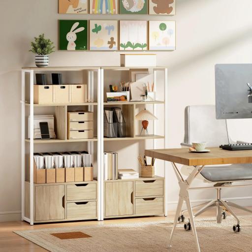 Librería Estantería para Libros con Estantes Cajones y Puerta 58x24x122 cm Estilo Industrial Blanco y Madera Natural [5]