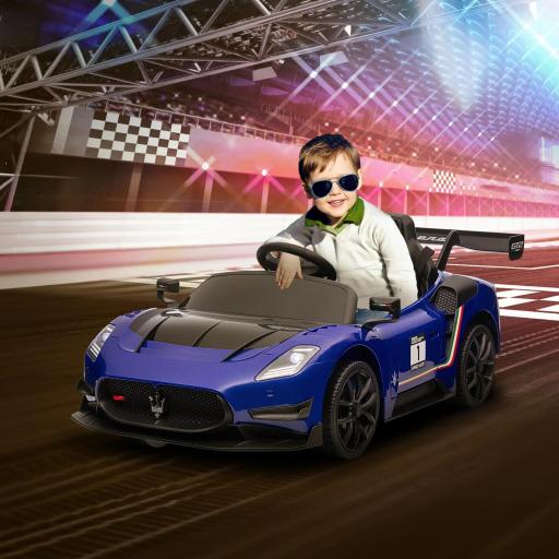 Coche Eléctrico para Niños de +3 Años Maserati GT2 con Mando a Distancia Faros LED Bocina Música Ruedas Auxiliares Azul