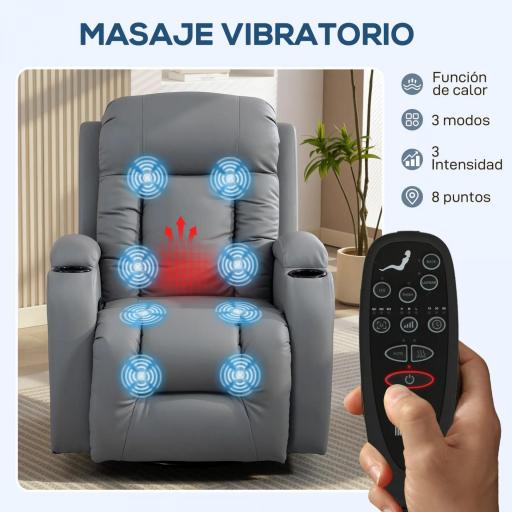 Sillón de Masaje Giratorio Sillón Relax Reclinable con 8 Puntos de Masaje Función de Calefacción 82x99x103 cm Gris [1]