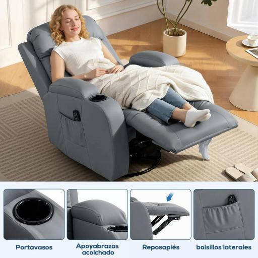 Sillón de Masaje Giratorio Sillón Relax Reclinable con 8 Puntos de Masaje Función de Calefacción 82x99x103 cm Gris [4]