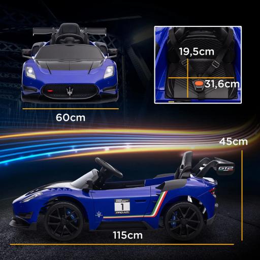 Coche Eléctrico para Niños de +3 Años Maserati GT2 con Mando a Distancia Faros LED Bocina Música Ruedas Auxiliares Azul [1]