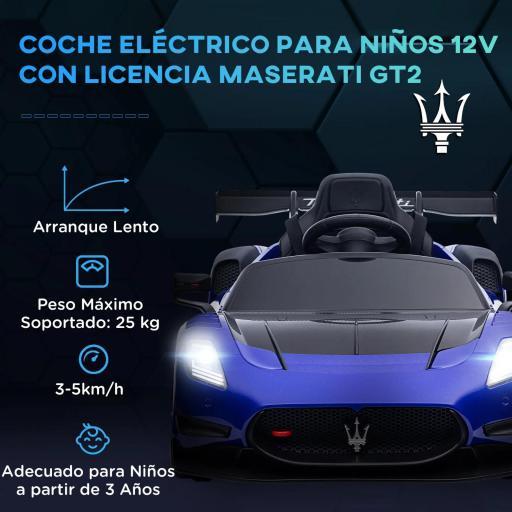 Coche Eléctrico para Niños de +3 Años Maserati GT2 con Mando a Distancia Faros LED Bocina Música Ruedas Auxiliares Azul [2]