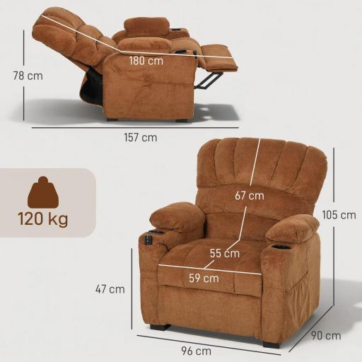 Sillón Relax Reclinable Eléctrico Silencioso con Función Memoria Reposapiés Mando a Distancia Bolsillo Lateral Marrón [1]