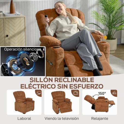 Sillón Relax Reclinable Eléctrico Silencioso con Función Memoria Reposapiés Mando a Distancia Bolsillo Lateral Marrón [2]
