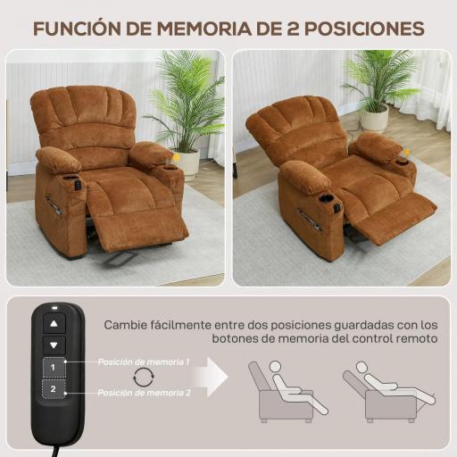 Sillón Relax Reclinable Eléctrico Silencioso con Función Memoria Reposapiés Mando a Distancia Bolsillo Lateral Marrón [3]