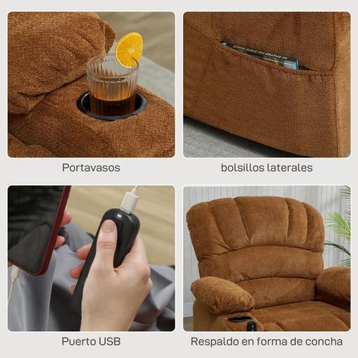 Sillón Relax Reclinable Eléctrico Silencioso con Función Memoria Reposapiés Mando a Distancia Bolsillo Lateral Marrón [4]
