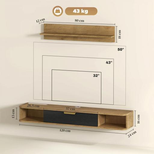 Conjunto de Muebles de Salón Muebles de TV con Estante de Pared Compartimentos Orificios para Cables 120x24x16 cm Roble [1]