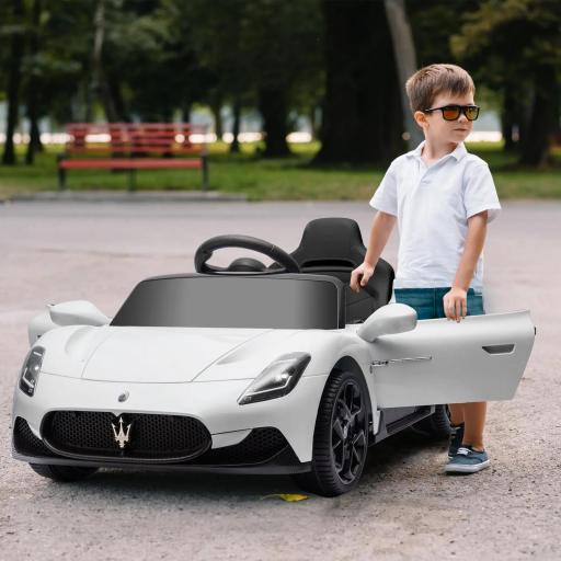 Coche Eléctrico para Niños con Licencia Maserati MC20 con Batería 12V Mando a Distancia Faros Bocina Música Blanco