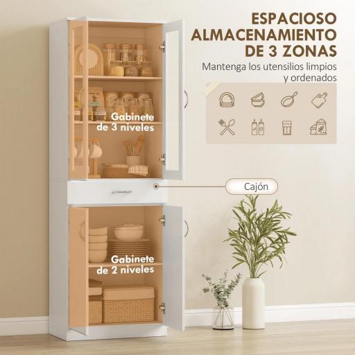 Alacena de Cocina con Puertas de Vidrio Cajón Estantes Ajustables para Comedor Salón 60x35x180 cm Blanco [1]