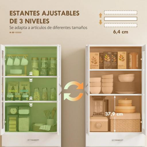 Alacena de Cocina con Puertas de Vidrio Cajón Estantes Ajustables para Comedor Salón 60x35x180 cm Blanco [6]
