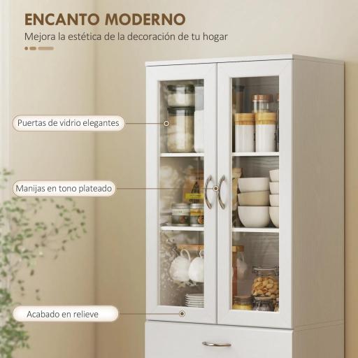 Alacena de Cocina con Puertas de Vidrio Cajón Estantes Ajustables para Comedor Salón 60x35x180 cm Blanco [3]