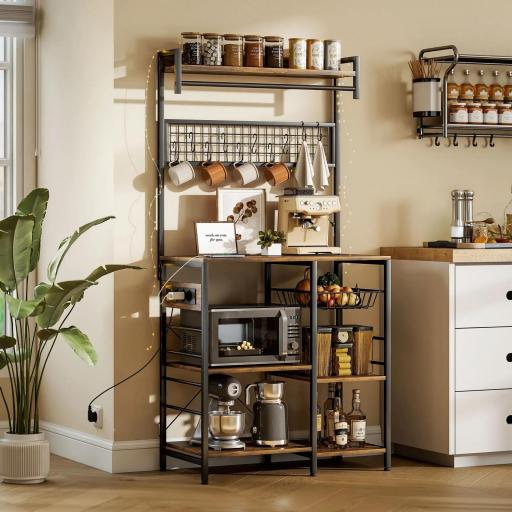 Estantería de Cocina con Tres Enchufes y Luces LED Industrial con Estantes para Microondas 80x42x162 cm Marrón Rústico [0]