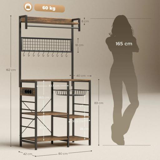 Estantería de Cocina con Tres Enchufes y Luces LED Industrial con Estantes para Microondas 80x42x162 cm Marrón Rústico [1]