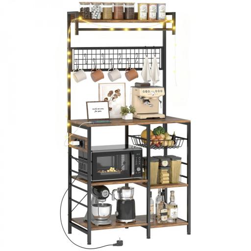 Estantería de Cocina con Tres Enchufes y Luces LED Industrial con Estantes para Microondas 80x42x162 cm Marrón Rústico [8]