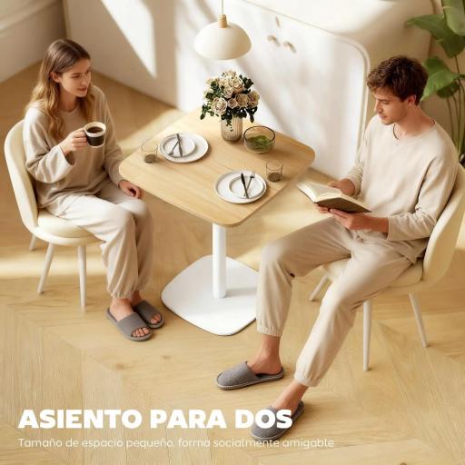 Mesa de Comedor Pequeña Mesa de Cocina Cuadrada para 2 Personas Base Cuadrada de Acero 60x60x75 cm Natural y Blanco [2]