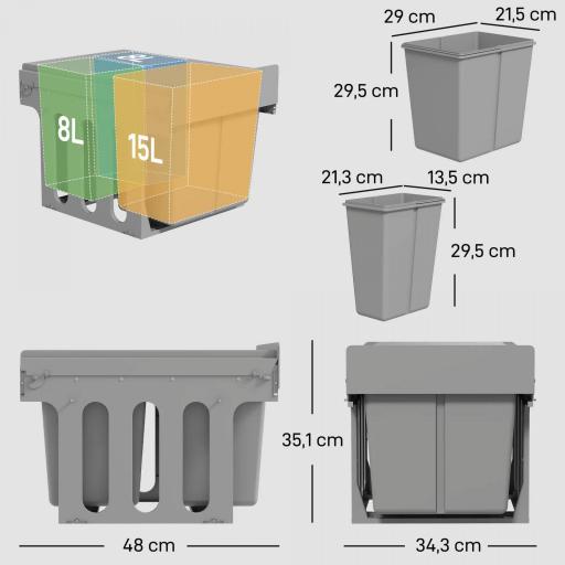 Cubo de Basura Extraíble bajo Fregadero con 3 Contenedores Capacidad Total 31L (15L+8Lx2) Fijación Inferior Gris Claro [1]