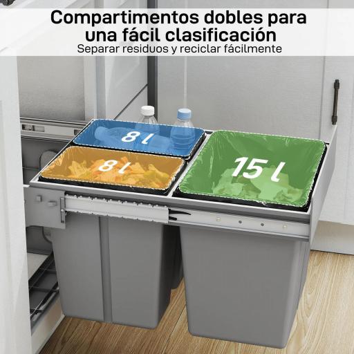 Cubo de Basura Extraíble bajo Fregadero con 3 Contenedores Capacidad Total 31L (15L+8Lx2) Fijación Inferior Gris Claro [3]