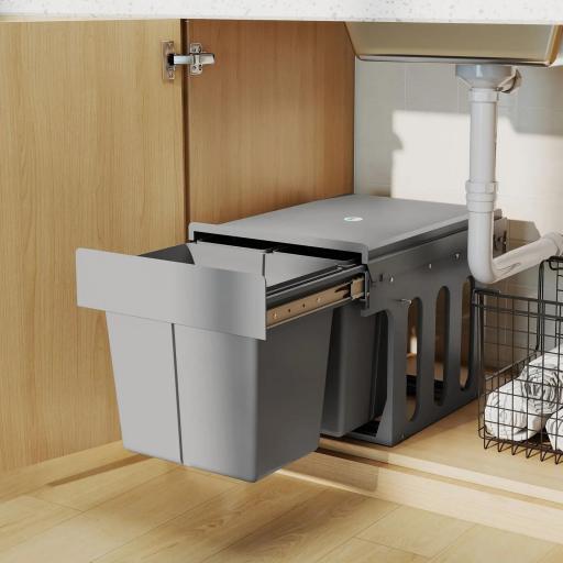 Cubo de Basura Extraíble bajo Fregadero con 3 Contenedores Capacidad Total 31L (15L+8Lx2) Fijación Inferior Gris Claro [7]