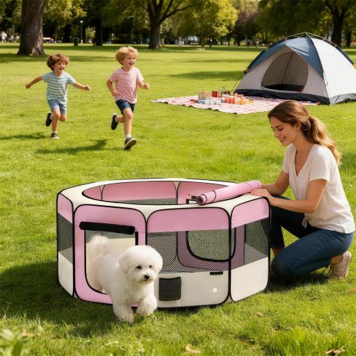 Parque Plegable para Perros y Gatos Corralito Portátil para Animales Pequeños Impermeable de Tela Oxford Ø120x58cm Rosa [0]