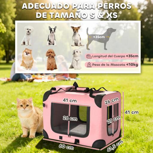 Transportín para Perros Plegable 60x41,5x41 cm con Ventanas de Malla Cojín Suave y 2 Asas para Mini Perros y Gatos Rosa [3]