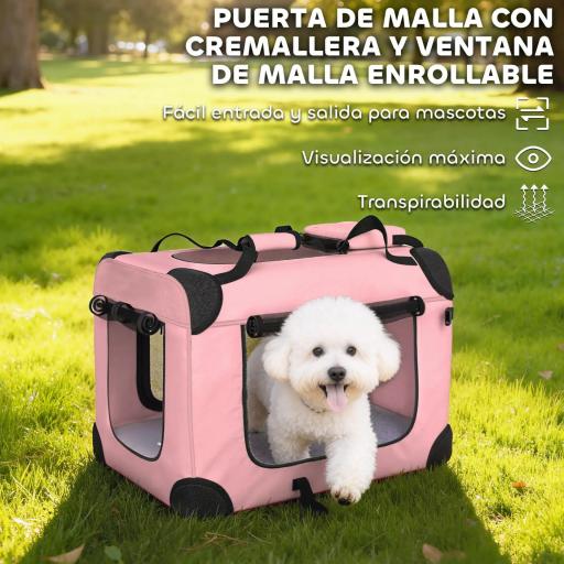 Transportín para Perros Plegable 60x41,5x41 cm con Ventanas de Malla Cojín Suave y 2 Asas para Mini Perros y Gatos Rosa [2]