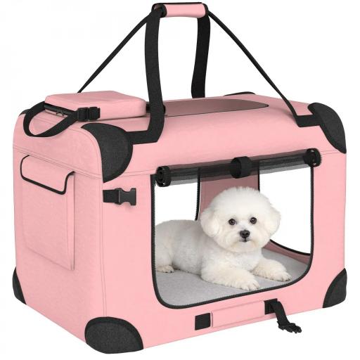 Transportín para Perros Plegable 60x41,5x41 cm con Ventanas de Malla Cojín Suave y 2 Asas para Mini Perros y Gatos Rosa [8]