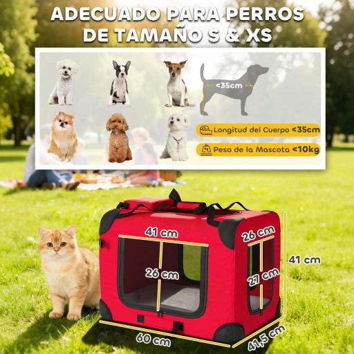Transportín para Perros Plegable 60x41,5x41 cm con Ventanas de Malla Cojín Suave y 2 Asas para Mini Perros y Gatos Rojo [5]