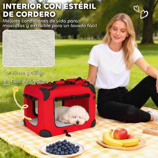 Transportín para Perros Plegable 60x41,5x41 cm con Ventanas de Malla Cojín Suave y 2 Asas para Mini Perros y Gatos Rojo [2]