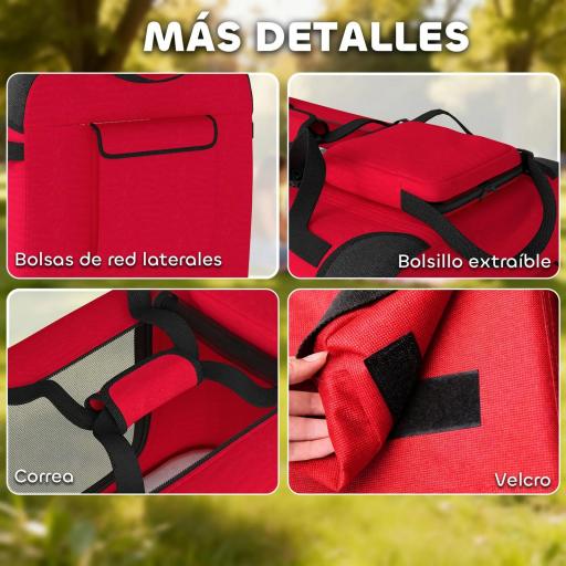 Transportín para Perros Plegable 60x41,5x41 cm con Ventanas de Malla Cojín Suave y 2 Asas para Mini Perros y Gatos Rojo [4]