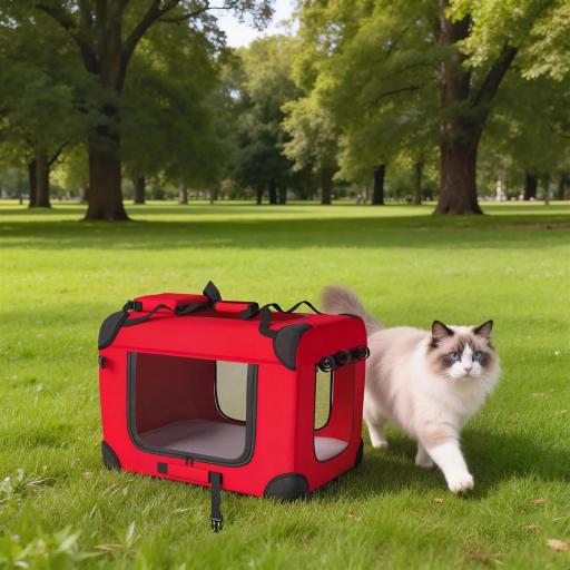 Transportín para Perros Plegable 60x41,5x41 cm con Ventanas de Malla Cojín Suave y 2 Asas para Mini Perros y Gatos Rojo [3]