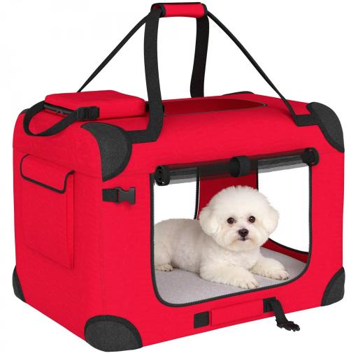 Transportín para Perros Plegable 60x41,5x41 cm con Ventanas de Malla Cojín Suave y 2 Asas para Mini Perros y Gatos Rojo [9]