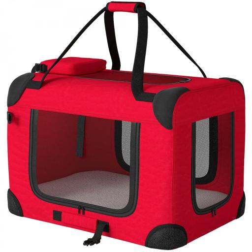 Transportín para Perros Plegable 60x41,5x41 cm con Ventanas de Malla Cojín Suave y 2 Asas para Mini Perros y Gatos Rojo [8]